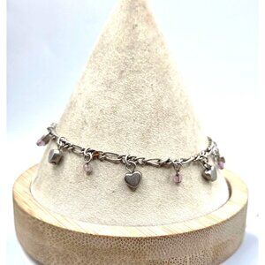 Silver Charm Bracelet With Heart & Pink Beadsv
